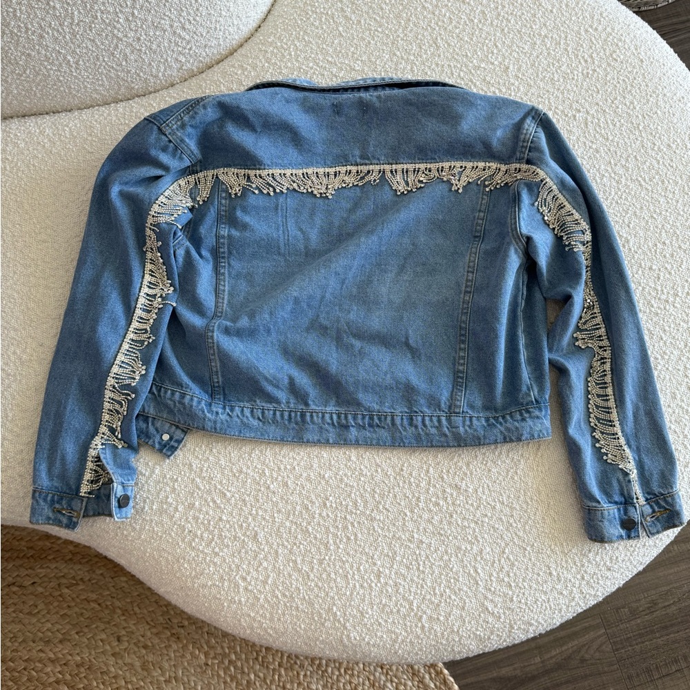 Superdown Revolve Raya Rhinestone Fringe Jacket in Light Blue Wash size large - Picture 7 of 8